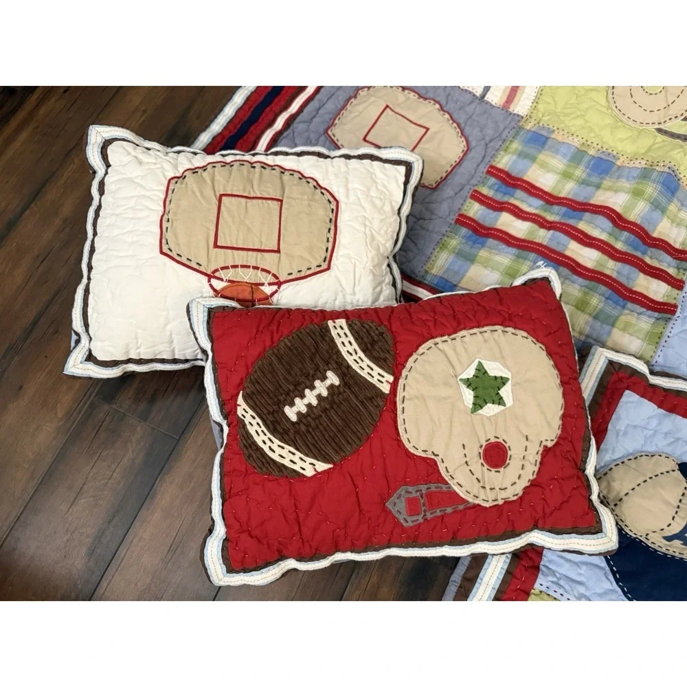6 pc POTTERY BARN KIDS‎ Twin Quilt Sham Pillows Varsity Sports Plaid Patchwork